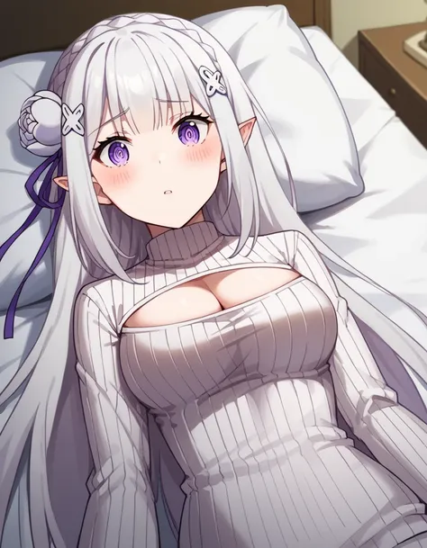 anime - style image of a woman laying in bed with her eyes closed