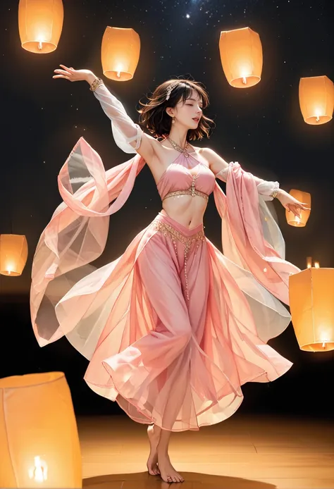 ,ruanyi0799,lantern,glowing,night sky,no humans,dancing,barefoot,,ruanyi0755,halterneck,pink dress,see-through,detached sleeves,jewelry,navel,shawl,<lora:0799 Kongming lantern_v1_pony:1>,<lora:0755 Dunhuang Goddess_v1_pony:0.8>, score_9,score_8_up,score_7_...