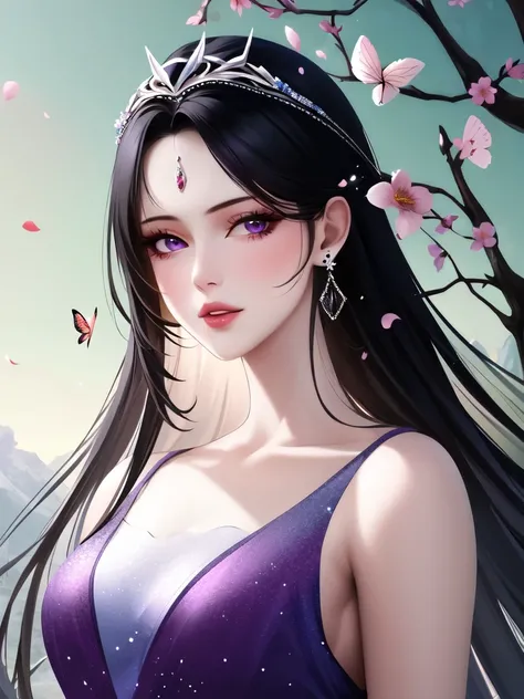 1girl, solo, long hair, black hair, hair ornament, dress, jewelry, bare shoulders, upper body, flower, earrings, parted lips, bug, tiara, butterfly,looking at viewer, purple dress, branch, falling petals, sensitive,(mature female)
masterpiece, newest, absu...