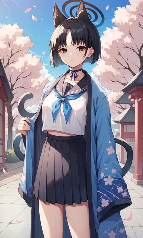 score_9, score_8_up, score_7_up, score_6_up, score_5_up, score_4_up, BREAK source_anime, 1girl, solo, outdoors, streetm cherry blossoms, cowboy shot, standing, looking at viewer, kikyou, black eyes, black hair, short hair, bobcut, parted bangs, cat ears, h...