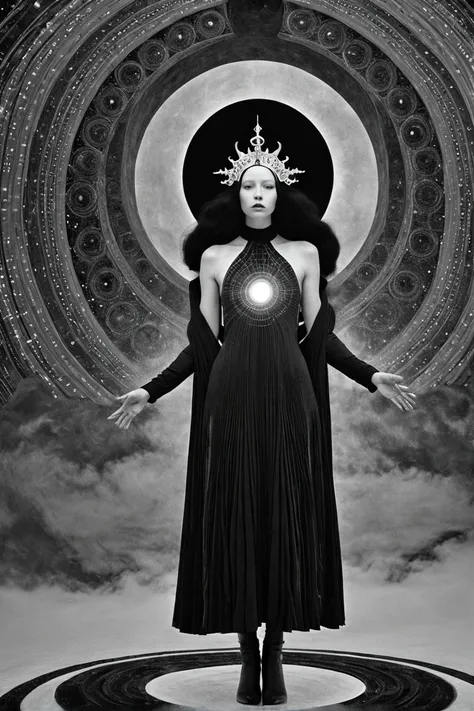 yjwjstyle,, monochrome, greyscale,Psychedelic vantablack portal in a stark white void, adventurecore, dreamy, in the style of andrey remnev, jingna zhang, elisa lazo de valdez, allyson anne lamb, sarah moon, and courtney brooke