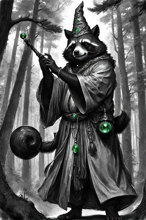 yjwjstyle,, monochrome, greyscale,masterpiece, best quality, absurdres, highres, realistic,
tanuki, tanuki ears,wizard robe,wizard hat,wizard staff with green gemstone,forest