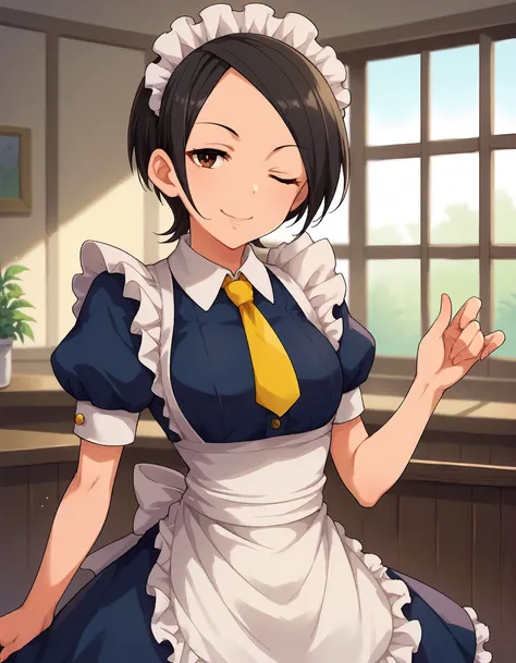 score_9,score_8_up,score_7_up,1girl,solo,cowboy shot,looking at viewer,smile,closed mouth,wink,indoors,
<lora:tougouai_ponyXLV6:0.7>,cgtai,black hair,short hair,brown eyes, 
maid headdress,maid apron,frills,yellow short necktie,puffy short sleeves