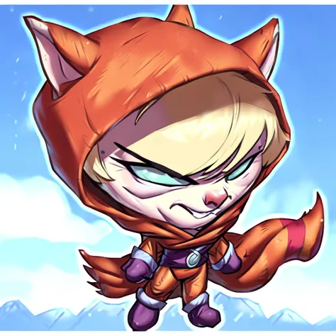 blonde hair, crack, sly expression, fox from league of legends chibi, tiger,  red scarf, cloak with hood,  concept art, gloves, colored sclera, teeth, orange fur, barefoot, blue sky, abs