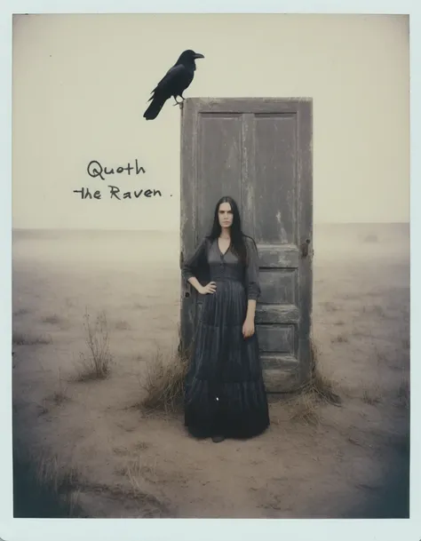 a polaroid photo of 

A woman in a long dress, standing next to an old door with a raven perched on top, in a misty, barren field.	
	
The text "quoth the raven" is written below the photo