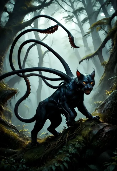 score_9, score_8_up, score_7_up, DISPLACER BEAST, feral, solo, FELINE BODY, HORROR, six legs, six paws, ((2 tentacles grow from the neck, pointing forward)). 2 tentacles, feline head, tail, majestic creature, fighting pose, cowboy shot,alert,sharp-pointed ...