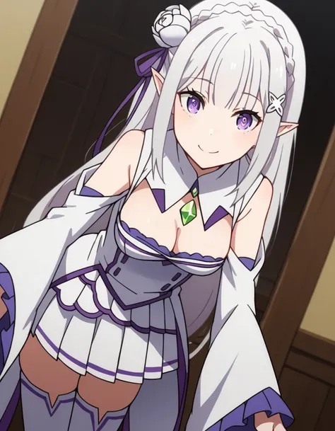 score_9, score_8_up, score_7_up, source_anime, <lora:rezero-emilia-s1s2-ponyxl-lora-nochekaiser:1>, emilia, braid, crown braid, flower, hair flower, hair ornament, hair ribbon, long hair, pointy ears, purple eyes, white hair, x hair ornament,, detached col...