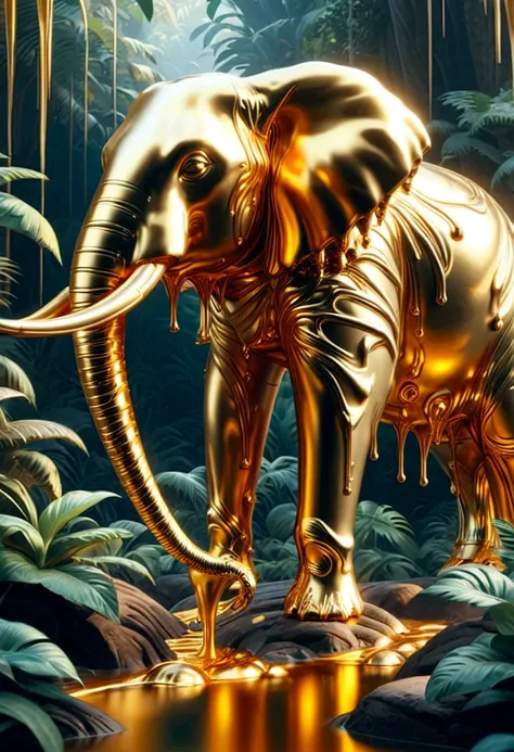 liquidgoldmorph, a liquid gold elephant in a jungle
