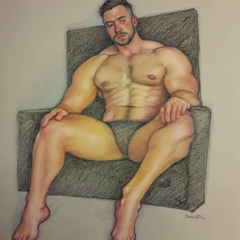 art, chair, daddi, design, drawing, his, man, style, muscular,  <lora:Salvatore Daddi style:0.66>