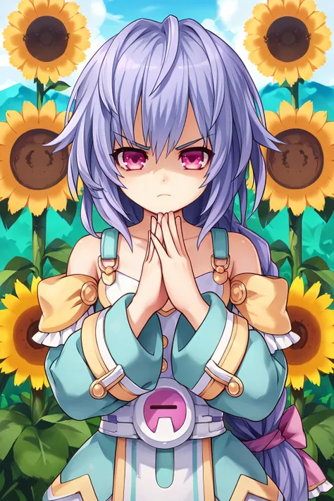 score_9, score_8_up, score_7_up, score_6_up, score_5_up, score_4_up, source_anime, rating_safe, 1girl, plutia, sunflower field, angry, own_hands_together, 