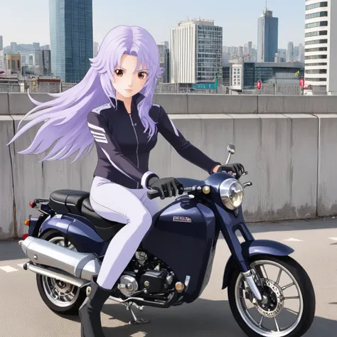 1girl, solo <lora:azulimXLpony:1> azulim, brown eyes, long hair, light purple hair, biker helm, biker outfit, riding a motorcycle, city