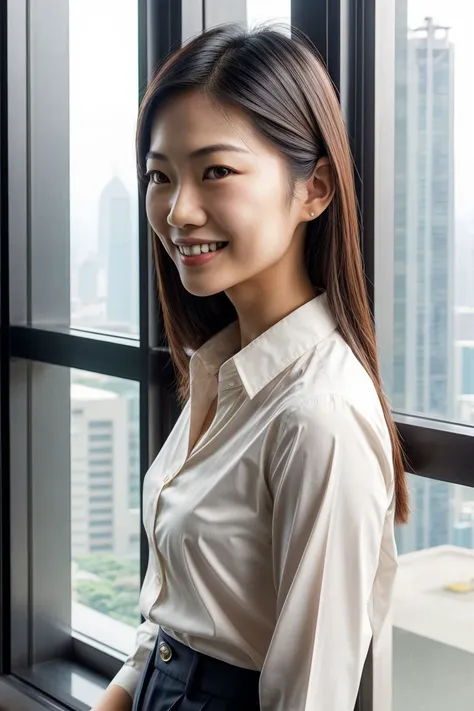 Asian woman, closeup, (shirt), pants, (skyscraper window), (), smiling , KM_maharani, wide shoulders, perfect face, (contact iris: 1.1), pale skin, skin pores , depth of field