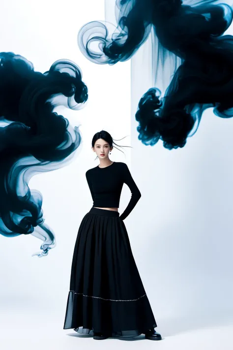 realistic,reality,moying,1girl,solo,looking at viewer,skirt,black hair,hair ornament,long sleeves,white background,dress,standing,full body,black skirt,black shirt,black footwear,black dress,long skirt,((black fabric smoke)), <lora:JAY - MOYING -  MAÌ£ÌC ...