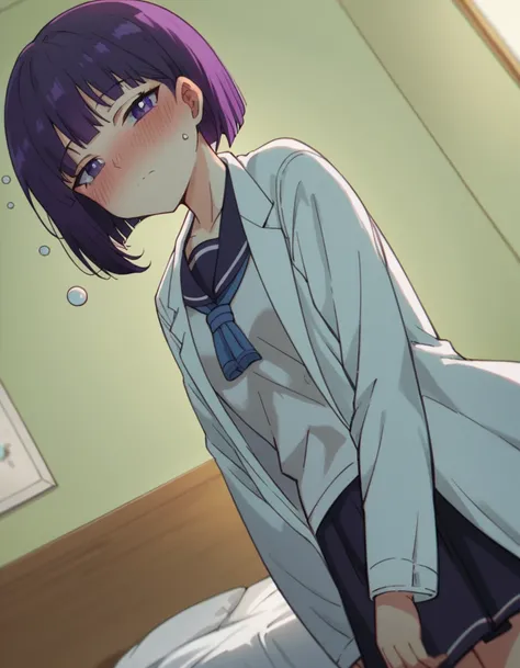 score_9, score_8_up, score_7_up, source_anime, <lora:inari-sakihira-s1-ponyxl-lora-nochekaiser:1>, inari sakihira, short hair, purple eyes, purple hair,, skirt, school uniform, serafuku, labcoat,, indoors, bed, bed room, on side, blush, drunk, looking at v...