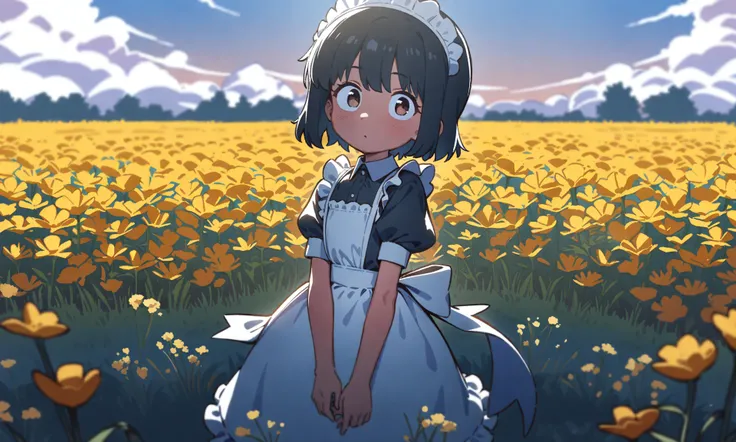 1girl, solo, black hair, short hair, maid outfit, looking at viewer, standing in the middle of the field, flower, grass field, blue sky, high quality, masterpiece, absurdres