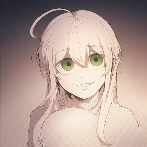 score_9, score_8_up, score_7_up, Evangeline, 1girl, solo, long hair, looking at viewer, smile, white hair, green eyes, ahoge, grin, pillow, korean text, holding pillow, [[score_1, score_2, score_3, score_4, score_5, score_6, english text, korean text]],