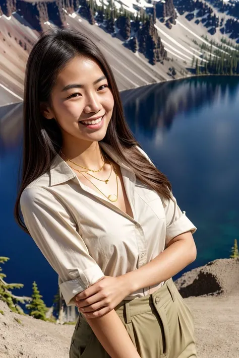 Asian woman, closeup, (shirt), pants, (crater lake national park), gold necklace , smiling , KM_maharani, wide shoulders, perfect face, (contact iris: 1.1), pale skin, skin pores , depth of field