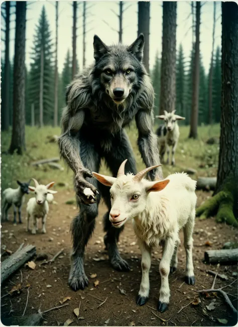 analog film photo, werewolf with little goat, highly detailed, polaroid, a wolf and a goat standing in a forest together, with one of the animals looking at the camera