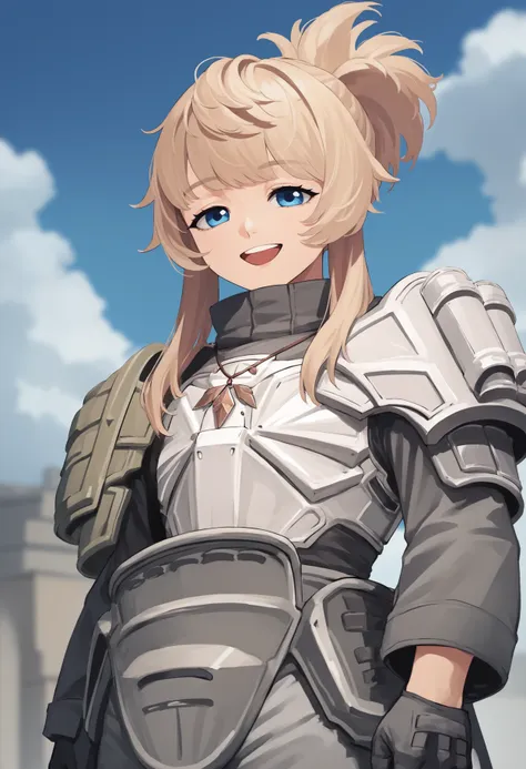 score_9, score_8_up, score_7_up, source_anime BREAK 1girl, solo, <lora:product23_pinne-nikke-richy-v1_pdxl:1> pnnnik, blue eyes, blonde hair, ponytail, bangs, necklace, armor, shoulder armor, long sleeves, gloves, grey pants, looking at viewer, smile, open...