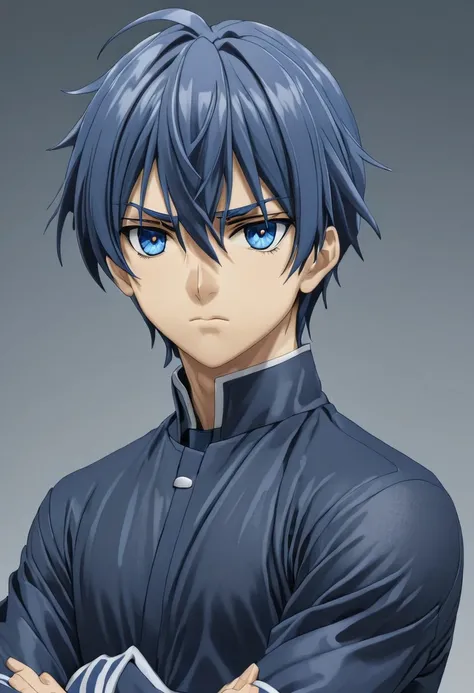 high resolution, solo, best quality, 1Boy, Tomoya Okazaki, Grey Blue Hair, blue eyes, Crossed arms, determined, strong, assertive,