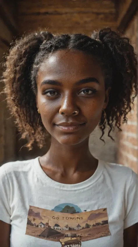 portrait photo, 18yo african woman, perfect face, posing, soft lit, seductive smirk, highly detailed, (freckles:0.3), (background town), (snub nose), shirt