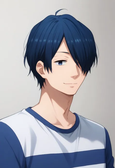 score_9, score_8_up, score_7_up, source_anime, highly detailed, 
Tsuyoshi, 1boy, male focus, solo, hair over one eye, blue hair,
upper body, ahoge, blue eyes, shirt, striped, long sleeves, smile. striped shirt