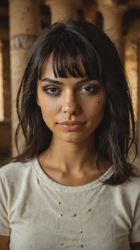 portrait photo, 18yo egyptian woman, perfect face, posing, soft lit, seductive smirk, highly detailed, (freckles:0.3), (background town), (snub nose), shirt