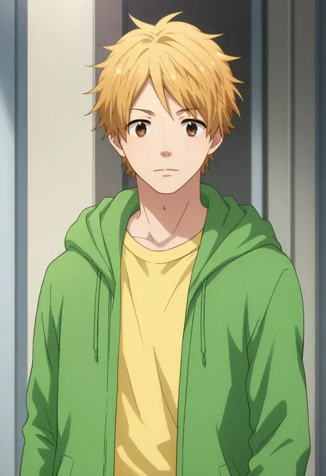 score_9, score_8_up, score_7_up, source_anime, highly detailed, 
natsuki, 1boy, male focus, solo, blonde hair, upper body, brown eyes, hoodie, green hoodie, hood, open hoodie, open clothes, yellow t-shirt, pants,