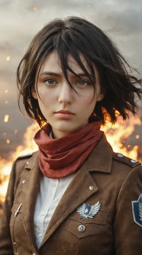 1girl, solo, looking at viewer, short hair, bangs, shirt, black hair, hair between eyes, brown eyes, closed mouth, jacket, white shirt, upper body, open jacket, lips, windswept hair, portrait, red scarf, brown jacket, nose, emblem, paradis military uniform...