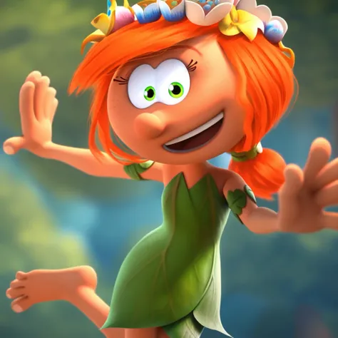 leaf (the smurfs), head wreath, hair flowers, orange hair, ponytail, short hair, green pupils, leaf dress, sleeveless,  barefoot, smiling, looking at viewer, open mouth, 1girl, solo, score_7