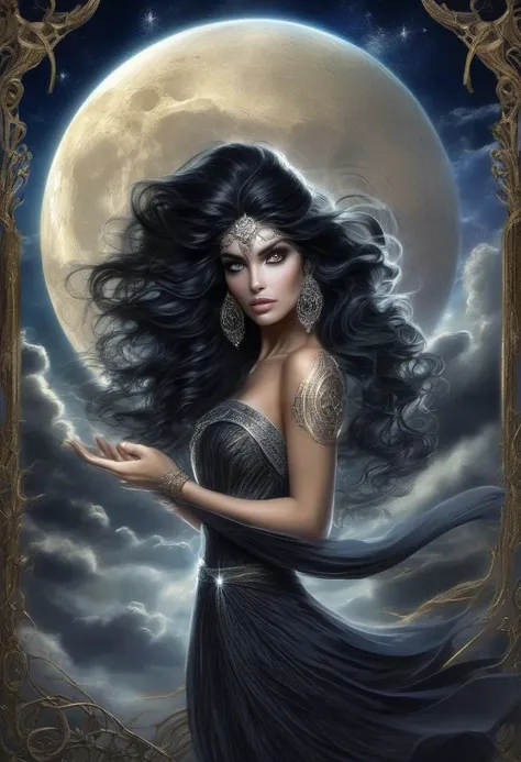 data-000051-dalle-female style, A mesmerizing portrait of a beautiful woman as a mystical sorceress under a full moon. She has long, flowing black hair with silver streaks and wears a dark, elaborate gown with star and moon patterns. Her eyes glow with an ...