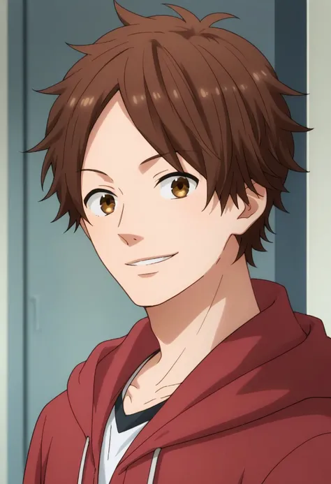 score_9, score_8_up, score_7_up, source_anime, highly detailed, 
keichi, 1boy, solo, male focus, brown hair, upper body, brown eyes, smile, hoodie, hood, red hoodie, pants,