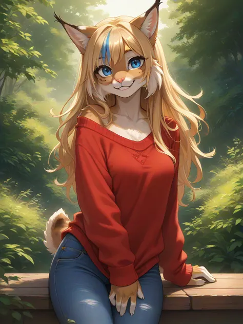 score_9, score_8_up, score_7_up,source_anime,BREAK,
anthro, furry, feline, female, detailed textured fur, fur tufts, fluffy, slim, slender, cute, sweater, baggy denim jeans, beautiful blue eyes, detailed eyes, smile, solo, SFW, lynx, long blonde hair, mult...