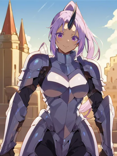 anime_source, <lora:Shion:0.95> sh_n, 1girl, black horn on forehead, purple eyes, light purple hair, ponytail hair, long eyelashes,
((steel knight armor)), castle background, hips, score_9, score_8_up, score_7_up,