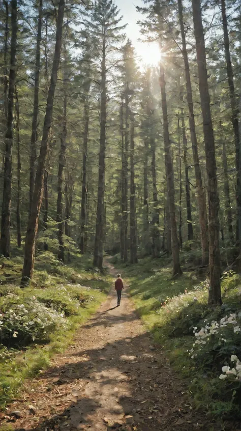 photo of a winding Hiking trail in the dense hilly forest and the sun shining, (shadows:1.2), fresh spring landscape, woods, take off, peace, rich warm moody colours, flowers, Blossoms, Flowers bloom