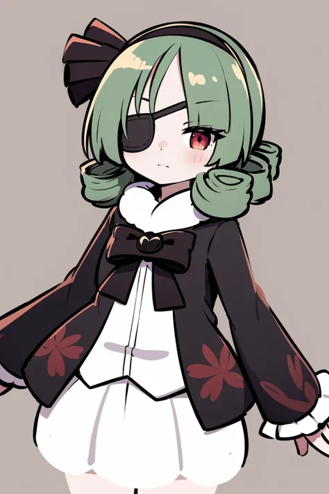 masterpiece, best quality,
1girl, krilalaris, chibi, green hair, bangs, black hairband, red eyes, eyepatch, 
black jacket, bow, long sleeves, white shirt, white skirt, skirt,
arms behin back, solo, looking at viewer, simple background  <lora:Krilalaris:1>