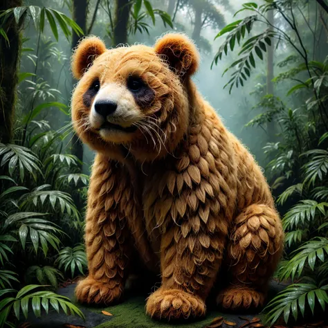 pamcocomat panda bear,fog, jungle background,morning dew,realistic,highly detailed,lifelike,studio photo,dynamic, warm light,cinematic,masterpiece,intricate,hdr,abstract fractal ultrarealistic,  black backgroundfull depth of field and realistic textures,hi...