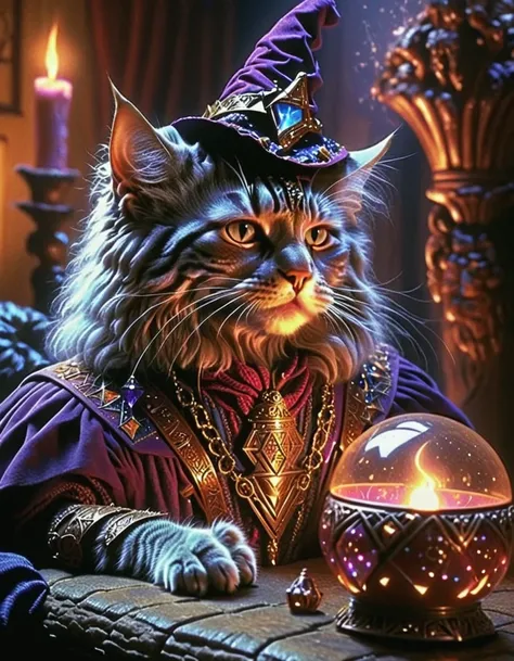 cinematic still 80sdarkfantasylora, 1cat, wizard . emotional, harmonious, vignette, 4k epic detailed, shot on kodak, 35mm photo, sharp focus, high budget, cinemascope, moody, epic, gorgeous, film grain, grainy, 80sdarkfantasylora, 1cat, wizard, intricate, ...