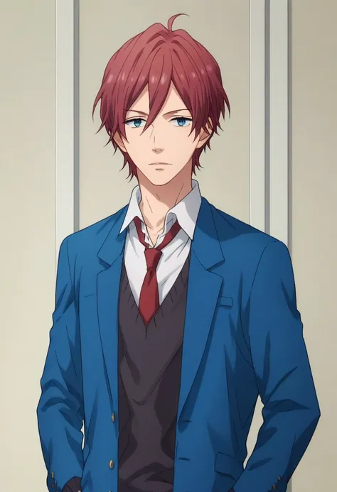 score_9, score_8_up, score_7_up, source_anime, highly detailed, 
tomoya, 1boy, solo, male focus, school uniform, necktie, hands on hips, red hair, blue eyes, jacket, blazer, upper body, sweater, black sweater,