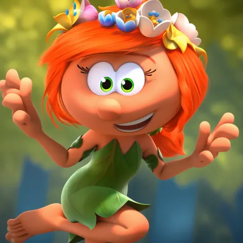 leaf (the smurfs), head wreath, hair flowers, orange hair, ponytail, short hair, green pupils, leaf dress, sleeveless,  barefoot, smiling, looking at viewer, open mouth, 1girl, solo, score_7