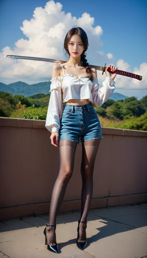 woman in short shorts holding a sword and a pair of high heels