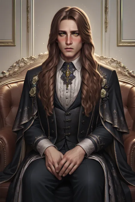 score_9, score_8_up, score_7_up, male, blush, yellow eyes, brown long hair, sitting, clothes in black victorian coat   <lora:leonard:0.8> leonard