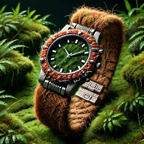 pamcocomat watch, lying on moss,morning dew,realistic,highly detailed,lifelike,studio photo,dynamic, warm light,cinematic,masterpiece,intricate,hdr,abstract fractal ultrarealistic,  black backgroundfull depth of field and realistic textures,highly detailed...