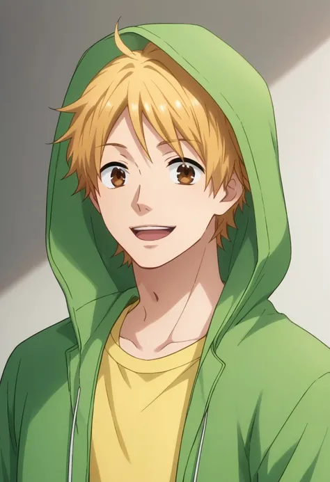 score_9, score_8_up, score_7_up, source_anime, highly detailed, 
natsuki, 1boy, male focus, solo, blonde hair, upper body, brown eyes, hoodie, green hoodie, hood, open hoodie, open clothes, yellow t-shirt, pants, smile, open mouth,