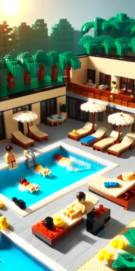 sun bathers by the pool, 64k, <lora:Expert_Lego_set_E17.safetensors:1>