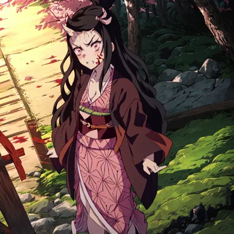 <lora:Nezuko_Kamado:1>outdoor, forest, Masterpeace,high quality, Nezuko_Kamado, 1girl, solo, long hair, black hair, cleavage, medium breasts, standing, collarbone, hair ribbon, japanese clothes, pink eyes, kimono, blood, obi, clenched teeth, angry, single ...