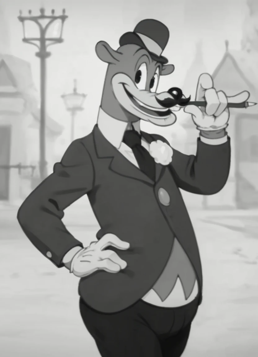 <lora:Honestjohngusherpony1.0:0.6> honest john gusher, smile, solo, 1boy, male focus, hat, suit, gloves, furry male, mustache, necktie, standing, score_9, score_8_up, score_7_up, score_6_up, score_5_up, score_4_up, looking at viewer, hand on own hip, cowbo...