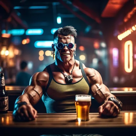 cinematic photo a man, muscular, teeth, stripped shirt,  having a beer in a cyberpunk pub <lora:RankXerox1024:0.9> . 35mm photograph, film, bokeh, professional, 4k, highly detailed