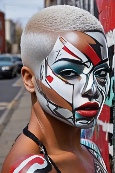 Graffiti art of <EM_1> walking down the street <lora:Hannah_V10_1:1.5> , makeup, glossy lips, rouge on cheeks, dynamic, dramatic, vibrant colors, bold lines, graffiti art style