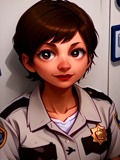 <lora:Trudy_Wiegel_-_Reno_911:1.2>trudy_wiegel, 1girl, frumpy, brown hair, short hair, solo, uniform, shirt, police uniform, police, standing, badge, (portrait:1.3), face focus, (smile:0.3), from above, face only, collarbone, source_cartoon, score_9, score...